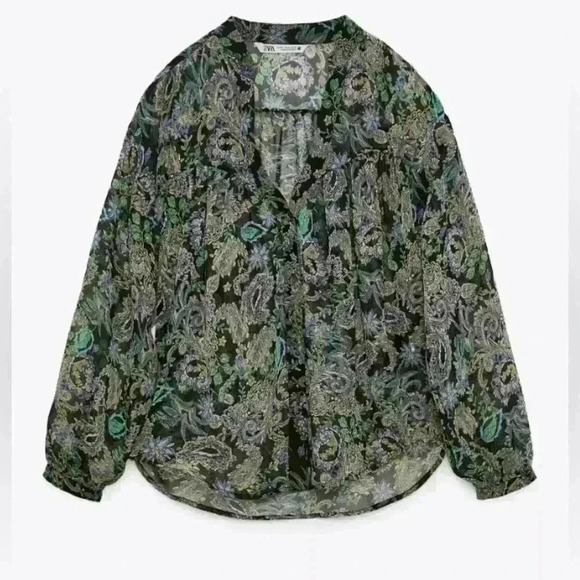 ZARA Floral Sheer Button  Down Collarless Shirt - Picture 3 of 7